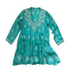 Juliet Dunn London Mini Tunic Dress Womens 2 Medium Turquoise Silk Embroidered