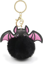 Halloween Bat Keychain Cute Pom Fuzzy Keychain for Women Halloween Gifts Bag Cha
