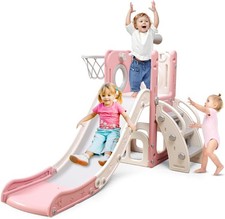 6 in 1 Toddler Playset with Hoop Ball Kids Playground Slide Outdoor Toys Pink