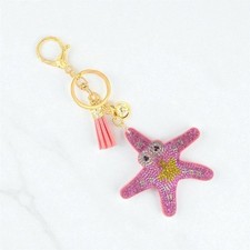 Pink Starfish Tassel Bling Faux Suede Stuffed Pillow Key Chain Handbag Charm