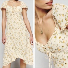Reformation Midi Dress Yellow Floral Sweetheart Neckline Cap Sleeve size 2