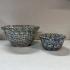 VINTAGE PAIR HENN BLUE SPONGEWARE POTTERY BOWLS STONEWARE 10” & 6” ROSEVILLE