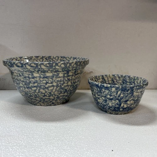 VINTAGE PAIR HENN BLUE SPONGEWARE POTTERY BOWLS STONEWARE 10” & 6” ROSEVILLE