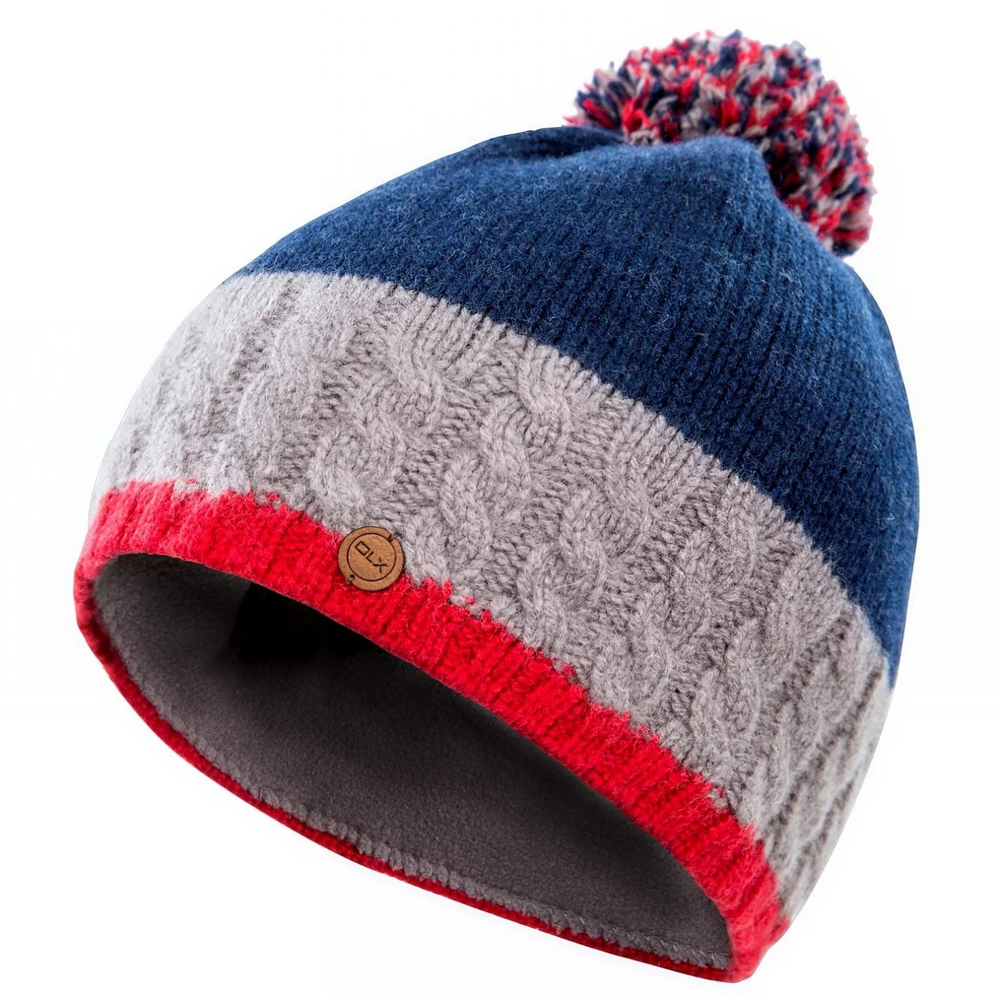 DLX RED/GREY/BLUE BOBBLE HAT-HALF CABLE KNIT-HALF LINED-ONE SIZE-BNWT-DLX100