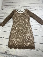 Soieblu Dress Size Medium Brown Crochet Lace Midi Sheath V Back W Strap Lined