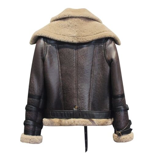 Veste femme B3 Bomber marron double col soldes fourrure lin peau de mouton peau de mouton écartée