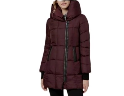 French Connection Womens Burgundy Wine Asymmetrical Waterproof Hooded Coat: XXS