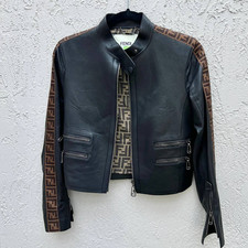 Fendi Long Sleeve Lambskin Leather Cropped Moto Jacket Black Women's Size Us 2
