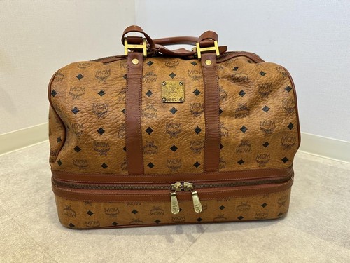 MCM Visetos Double Handle Boston Bag Travel Bag Brown Leather Unisex Authentic