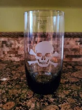 Halloween Skull & Bone Highball Drinking Glass Smoked Black With Etched Skull 💀