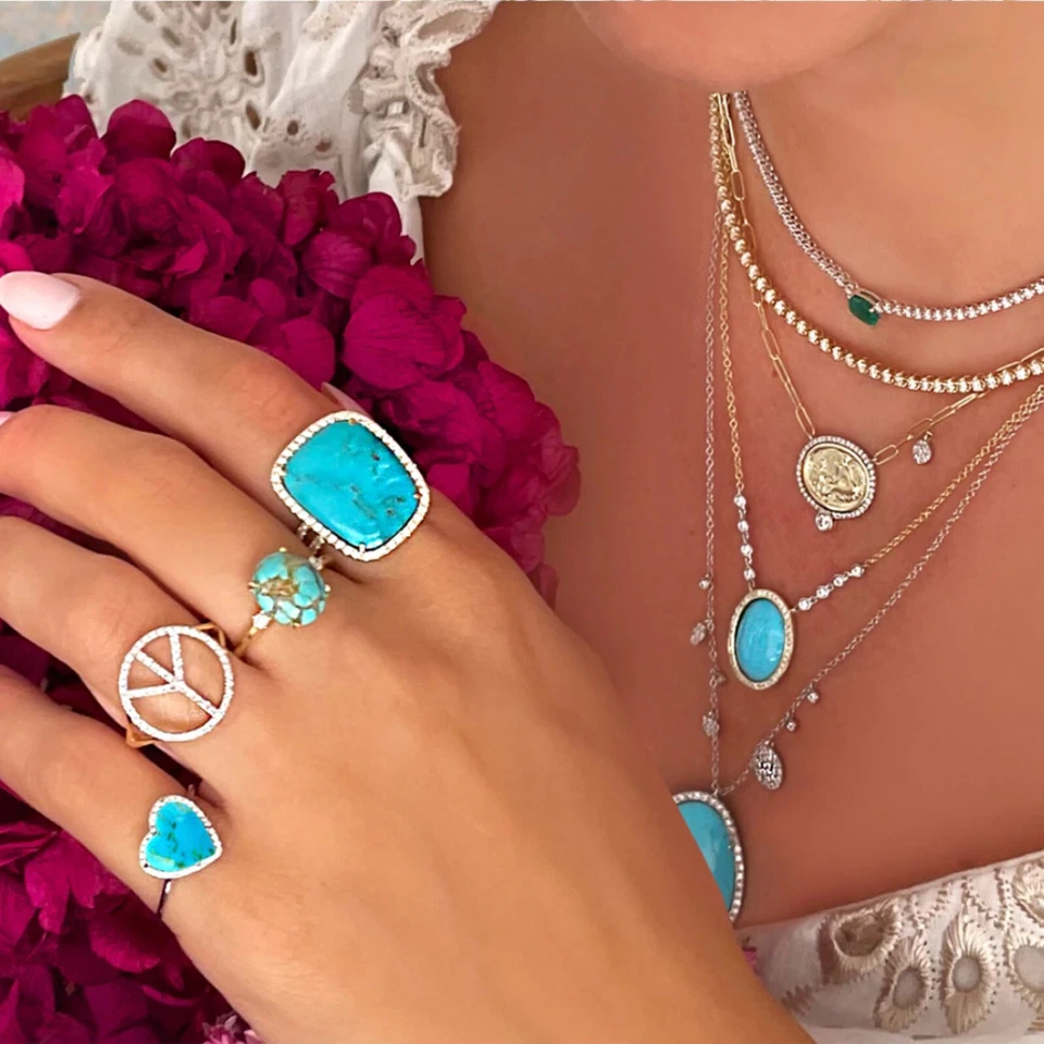 New Real Diamond & Oval Turquoise Necklace 14k Yellow Gold Wedding Jewelry Gifts - Image 2 of 2