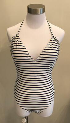 NWT $118 Ruffled Halter One-Piece Swimsuit Mixed Breton Stripe Sz  G2792 - Main Image