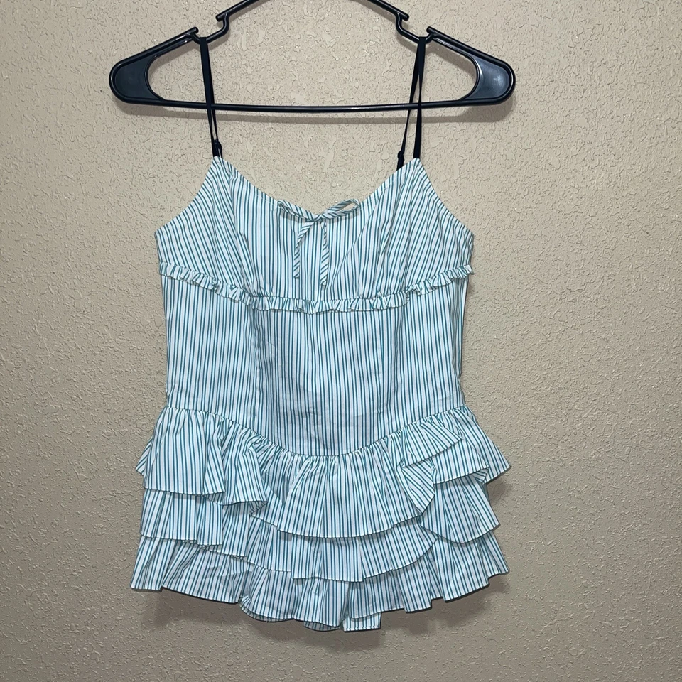 Betsey Johnson море зеленый полоски пеплум оборки ярусный Майка размер 4 новый $198 - Изображение 2 из 4
