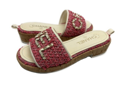 CHANEL Shoes Mule Sandals US6.5 EU37 Tweed Chain Coral Red Pink