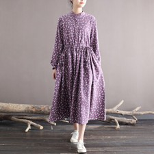 Womens Purple Long Sleeve Floral Dress Drawstring Elastic Waist Half Button
