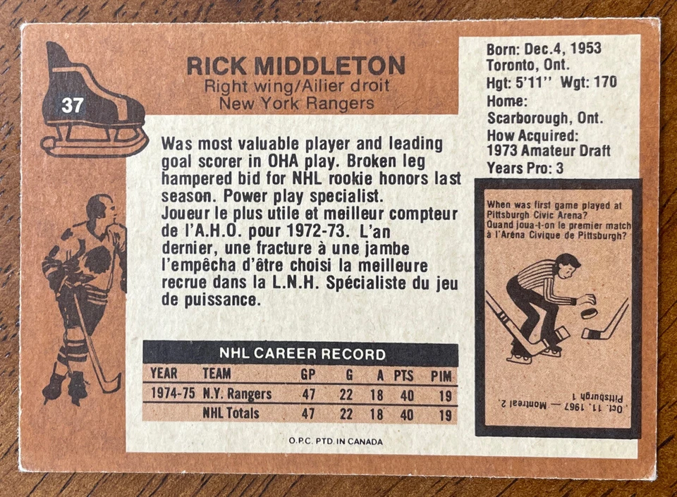 1975-76 O-Pee-Chee Hockey - #37 Rick Middleton - New York Rangers - Image 2 of 2