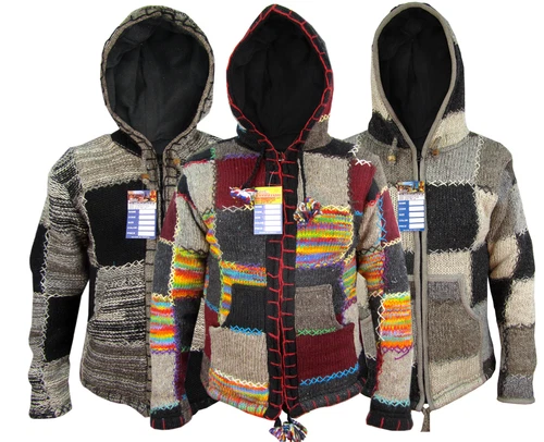 Patchwork Hippie Boho Knitted Himalayan Woolen Winter Nepalese Hoodies Jackets