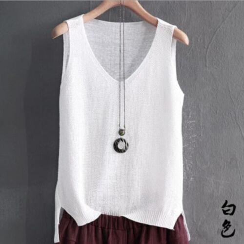 Damen Leinen Baumwolle Strick Lose Tank Tops Weste Camisole V-Ausschnitt Ärmellose Shirts - Bild 10 von 19