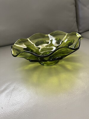 Vintage Viking Epic Green Glass Double Wave Layered Candy Bowl