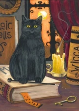 ACEO PRINT OF PAINTING RYTA BLACK CAT HALLOWEEN MAGIC KEY WITCH FOLK ART SALEM