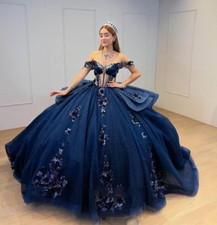 Classic Navy Blue Quinceanera Dress 3D Flower Beaded Sweet 15-16 Party Ball Gown