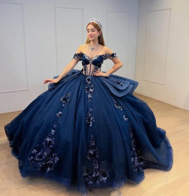 Classic Navy Blue Quinceanera Dress 3D Flower Beaded Sweet 15-16 Party Ball  Gown | eBay