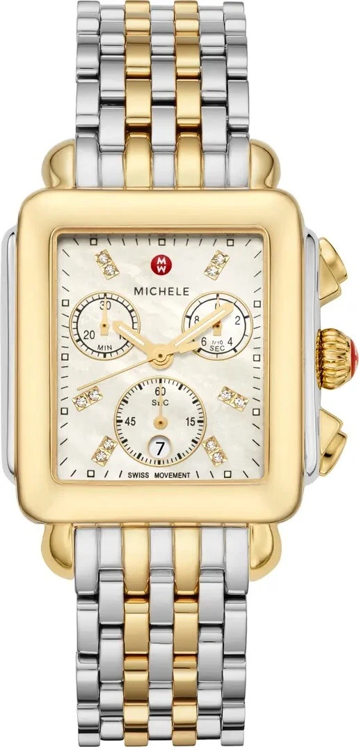 Michele Deco Diamond Chronograph Watch Head two tone Bracelet 33mm