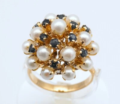 Vintage 18K Gold Thai Princess Sapphire & Pearl Domed Cluster Cocktail Ring 6g - Image 1 of 4