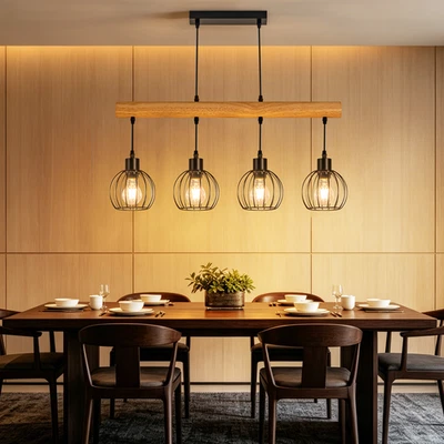 E27 Hängelampe Holz 4 flammig 25W Pendelleuchte Hängeleuchte Esstischlampe - Bild 1 von 4
