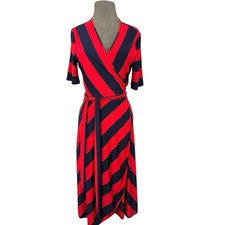 Tory Burch Peggy Wrap Dress S Navy Blue Red Stripe Jersey Short Sleeve Midi