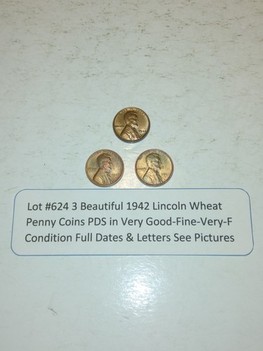 Lot #624 3 Beautiful Lincoln Wheats 1942-P 1942-D 1942-S VG-V-Fine See Pictures