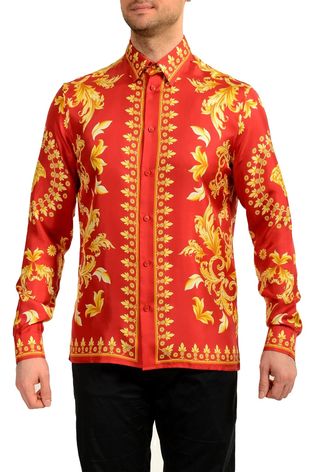 Versace — Versace Men's Signature Print 100% Silk Long Sleeve Shirt US XL IT 54
