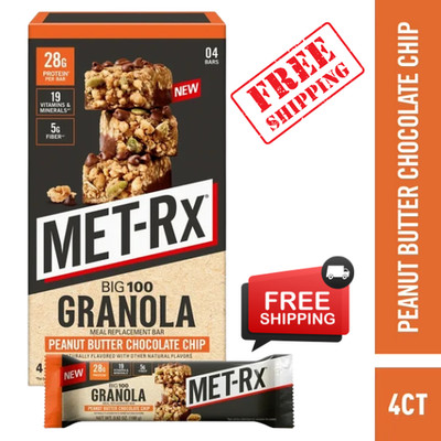 MET-Rx Big 100 Protein Bars, Granola Peanut Butter Meal Replacement Bars, 4 Ct