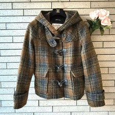 note et silence x Harris Tweed Wool Plaid Duffel Coat Hooded Green/Brown/Black