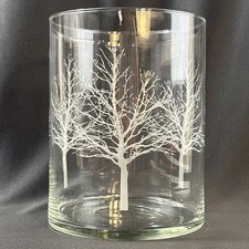 Glass Hurricane Candle Holder 8" x 6" Cylinder Vase Winter White Tree Etched