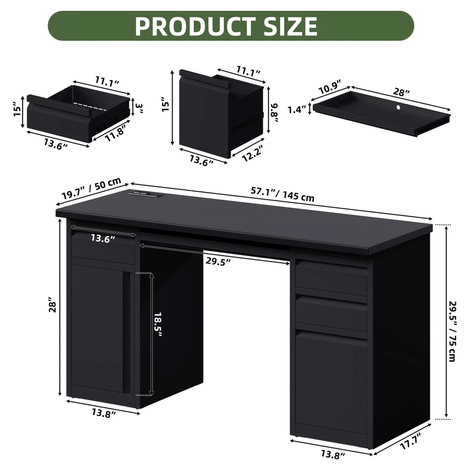 Escritorio ejecutivo de 57 pulgadas y 5 cajones para computadora con archivador y tomas de corriente Foto 3 de 4