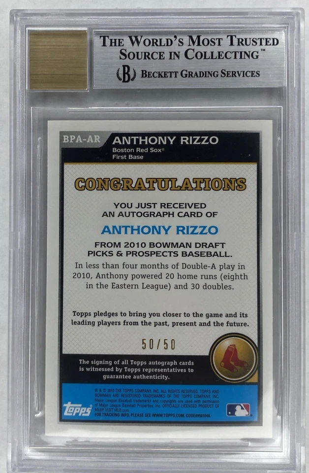 2010 Anthony Rizzo Bowman Draft Picks & Prospects - Prospects Autograph #BPA-AR - Image 2 of 2