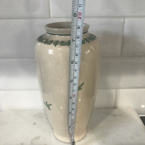 Vintage Cream And Green Transfer ware Vase Bird Motif Small Chip On Bottom Rim - Picture 6 of 9