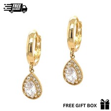 14K Solid Yellow Gold Teardrop CZ Dangle Huggie Hoop Earrings Sparkling Halo