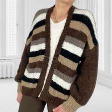 Damen Strickjacke Cardigan Pulli Pullover Jacke Strick Weste Streifen Braun