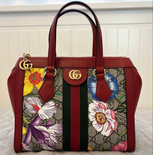 Gucci Shoulder Handbag Canvas Leather Red Multicolor Ophidia Flora Authentic