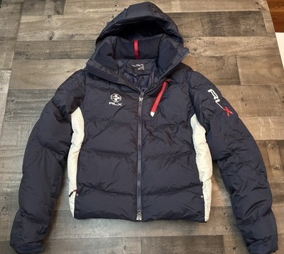 Ralph Lauren RLX Gent s Size Medium Down & Feathers Hooded Jacket Navy & White