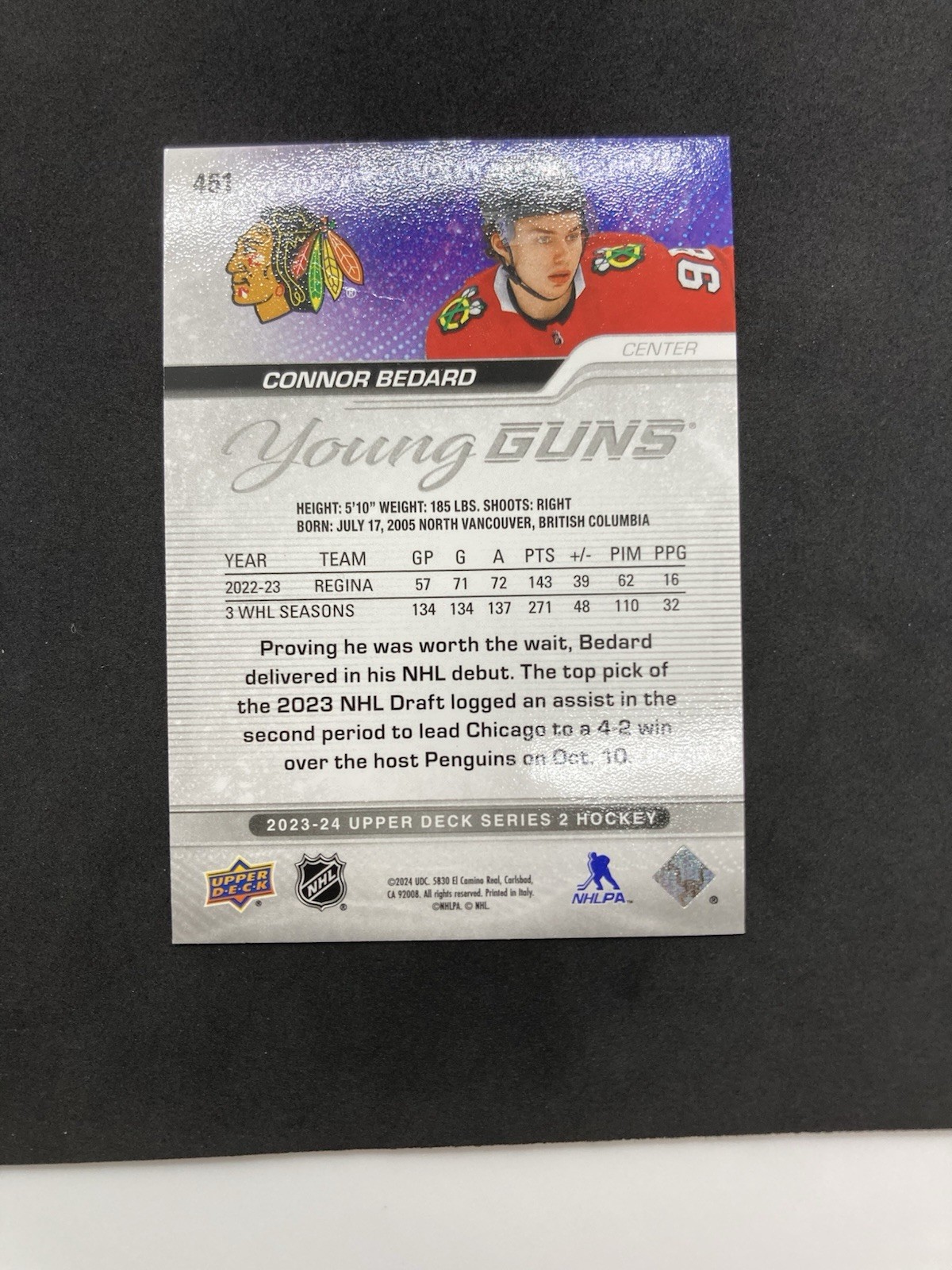 2023 Upper Deck #451 Connor Bedard Young Guns Rookie Rc view 4