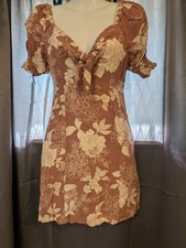 mimichica mauve Beige Floral Puff Sleeve Ruffle Smocked Mini Dress Size M