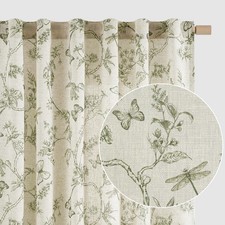Charlotte Linen Farmhouse Curtains Green Floral Curtains 63 Inch Length Back Tab