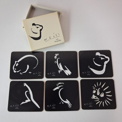 Weiss Coaster Set 6 Black Square Cork Plastic Animal Theme With Gift Box