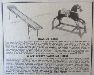 1939 Print Ad * Bowling Game from Keystone Toys + Black Beauty Swinging Horse