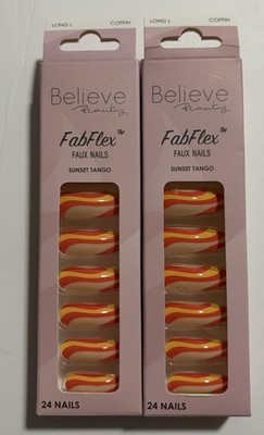 Believe Beauty FabFlex Faux Nails Sunset Tango Coffin Long 24 Nails Reusable