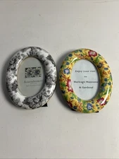 Vintage Set 2 Nantucket Home Ceramic   Glaze Floral Oval Mini Picture Frame 2 x3