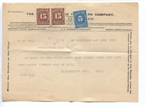 1T10 & 1T11 American Rapid Telegraph Co. Stamps on 1881 Telegram BZ2181